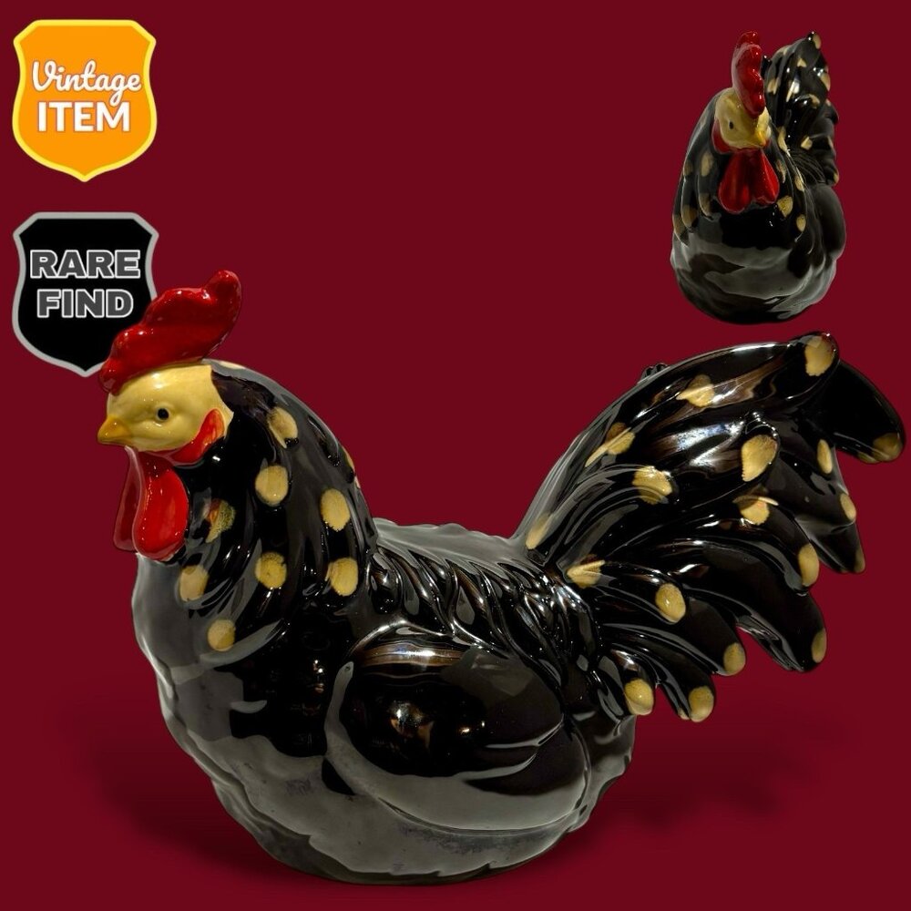 Black Spotted Rooster Sculpture Statue Farmhouse Ceramic Display Decor. RARE!